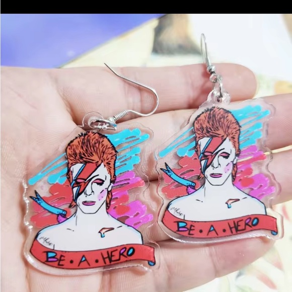 ⭐️Bowie ziggy stardust be a hero acrylic earrings on silver hypoallergenic hook - Picture 8 of 9